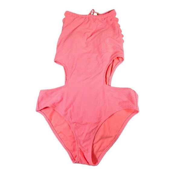 Jessica Simpson Swimwear Cutout Swimsuit L Punch Pink Textured Diamond Pattern - Picture 1 of 5